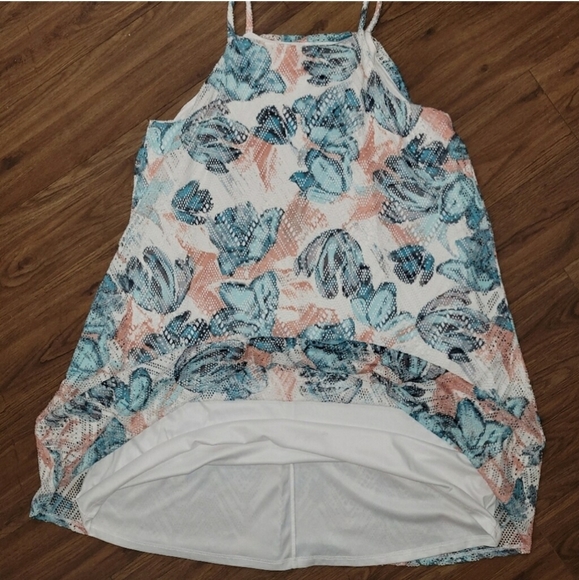 Luxology Women's Sleeveless Blue and Mauve Floral A-line Midi Halter Sundress - Picture 5 of 6